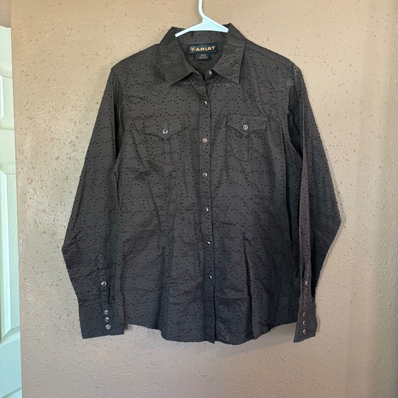 Ariat Tops - Ariat Womens Brown Swiss Dot Long Sleeve Western Snap Front Shirt Medium